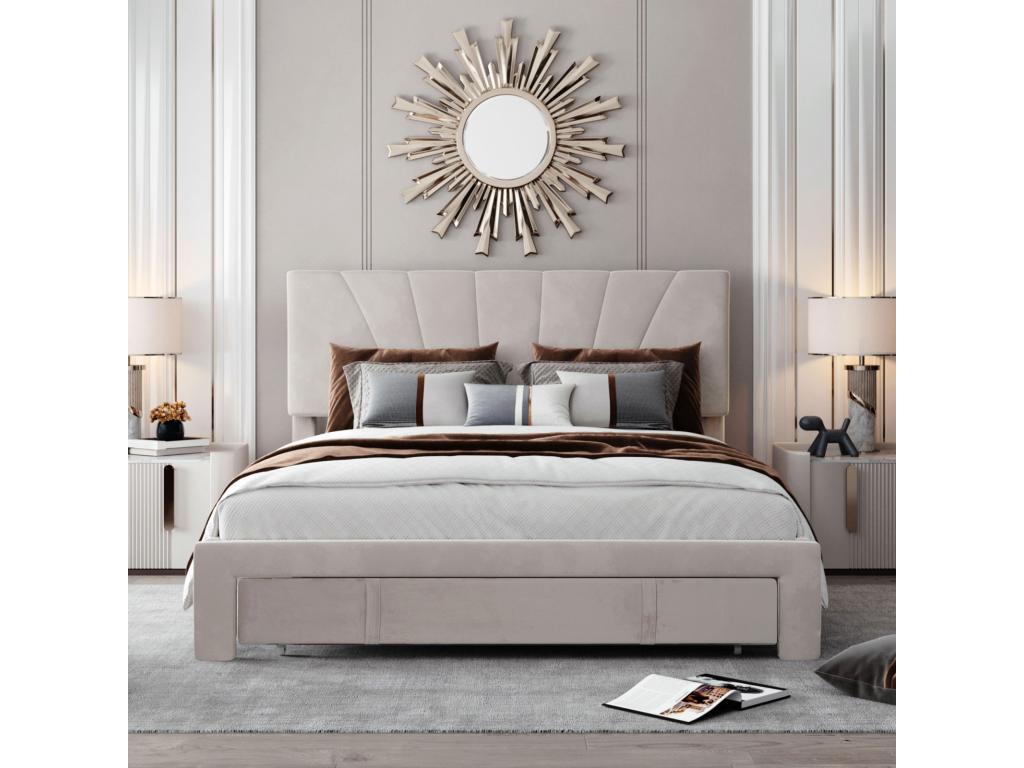 Beige Velvet Bed, 140 x 200 cm