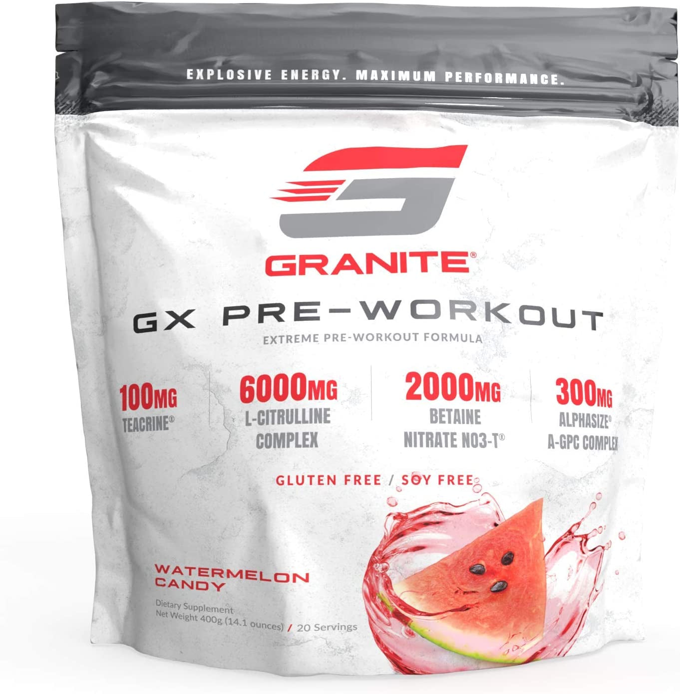 Granite® GX Pre-Workout Supplement (Watermelon) Advanced Formula for Pump, Focus, Energy, Performance | Citrulline, Taurine, Lions Mane, Tyrosine, Teacrine, Betaine, Carnosyn, Creatine | Vegan, USA