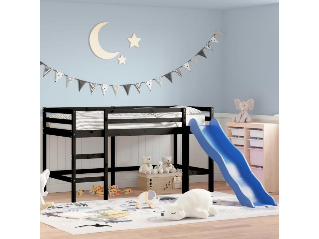 Black Pine Wood Bed, 90 x 200 cm