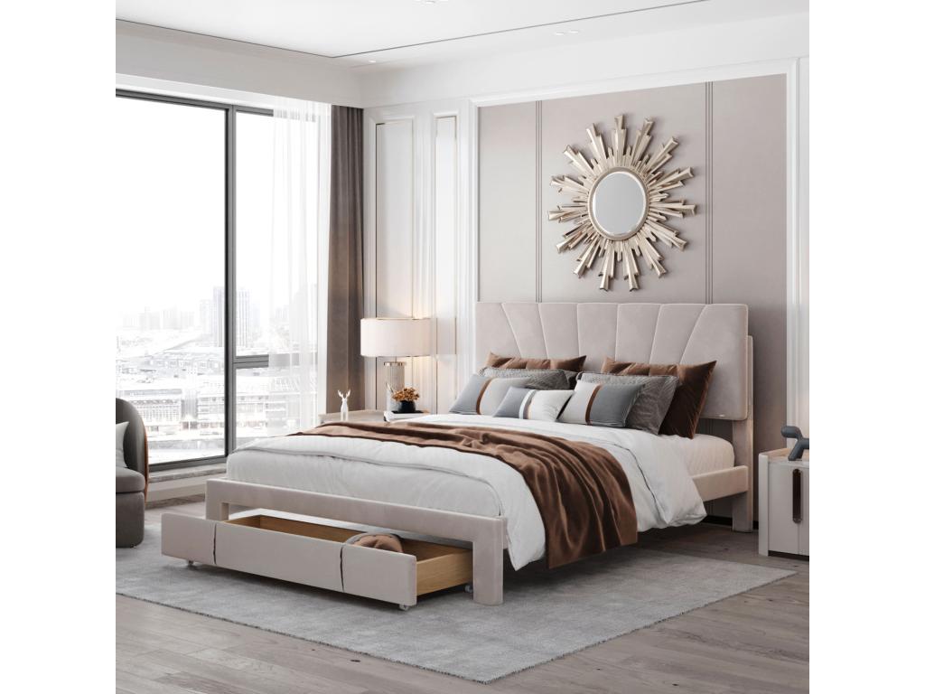 Beige Velvet Bed, 140 x 200 cm